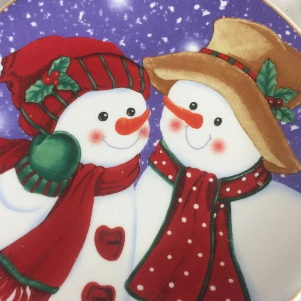 Vintage Snowman Couple Decorative Plate Holiday Christmas Purple‎ 8